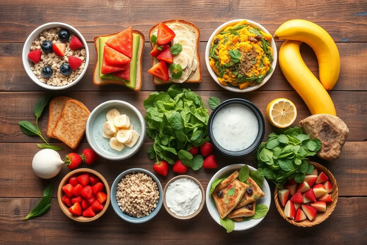 What is a typical vegetarian breakfast? Ingredients arranged on a wooden table.