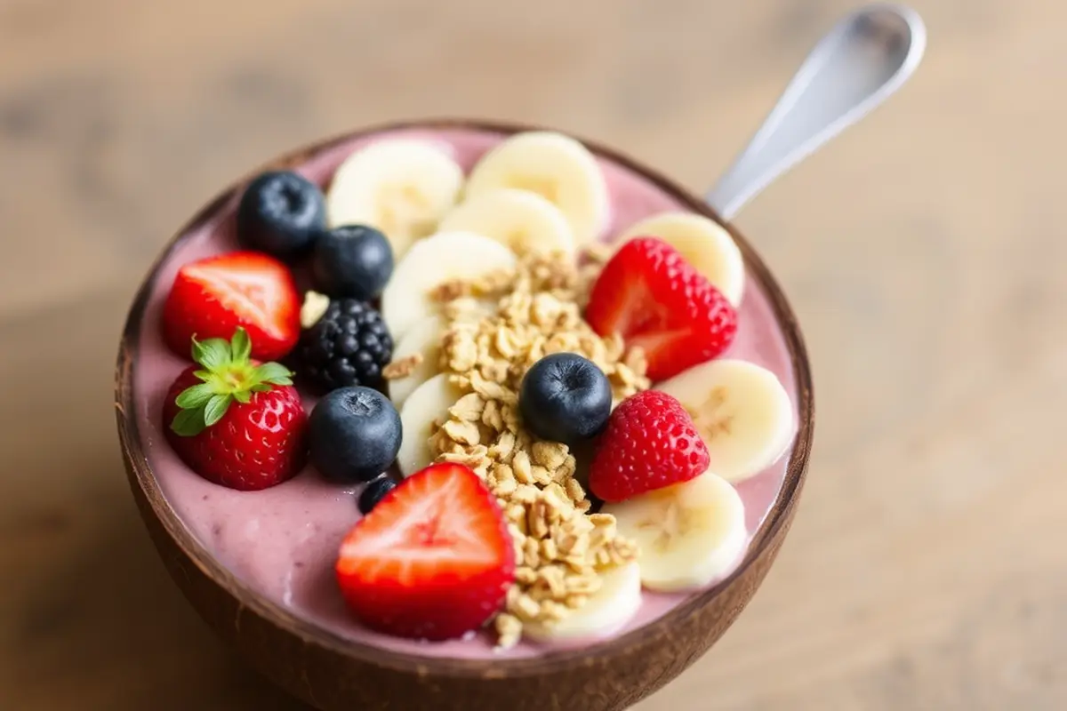 Smoothie bowl topped with berries and granola