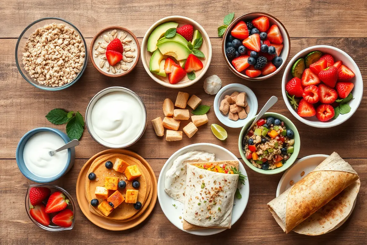 What do dairy free people eat for breakfast? ingredients on a wooden table