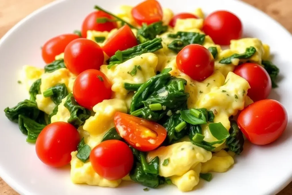 Scrambled eggs with spinach and cherry tomatoes on a plate.