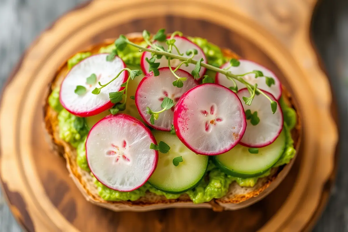 What is a veggie you can eat for breakfast? Avocado toast with sliced radishes and cucumbers on a wooden board.