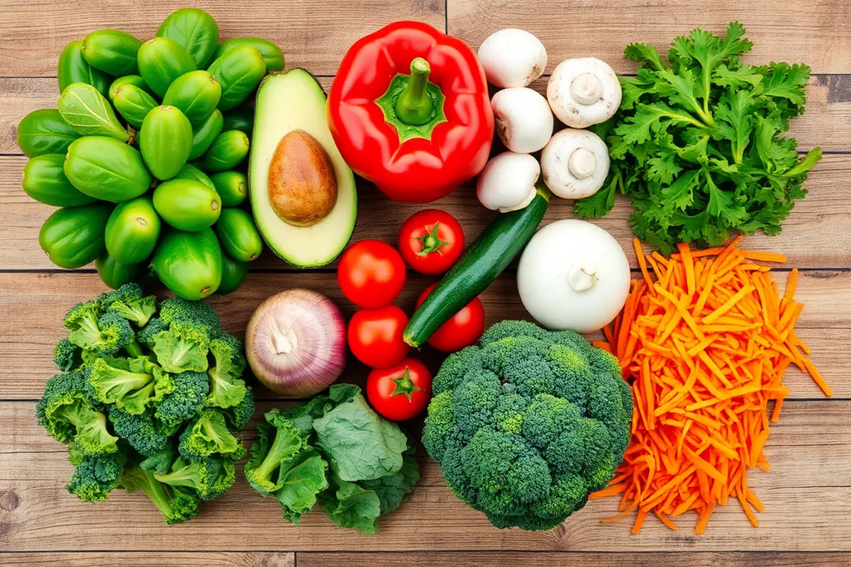 What is a veggie you can eat for breakfast? example Fresh breakfast vegetable ingredients on a rustic wooden table.