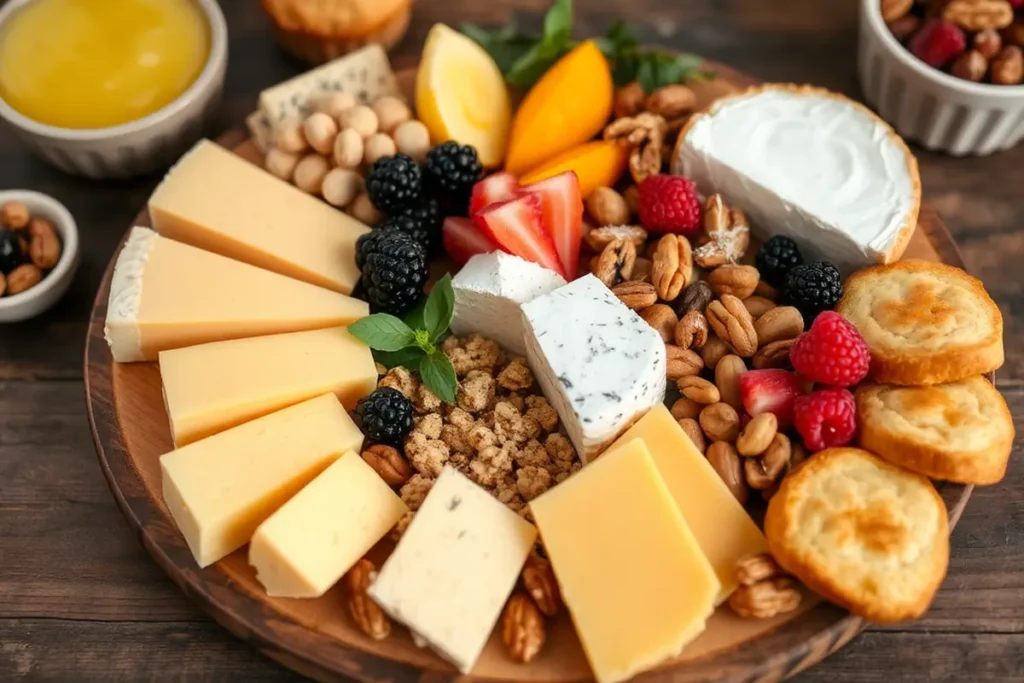 A colorful breakfast charcuterie board featuring cheeses, fruits, and pastries.