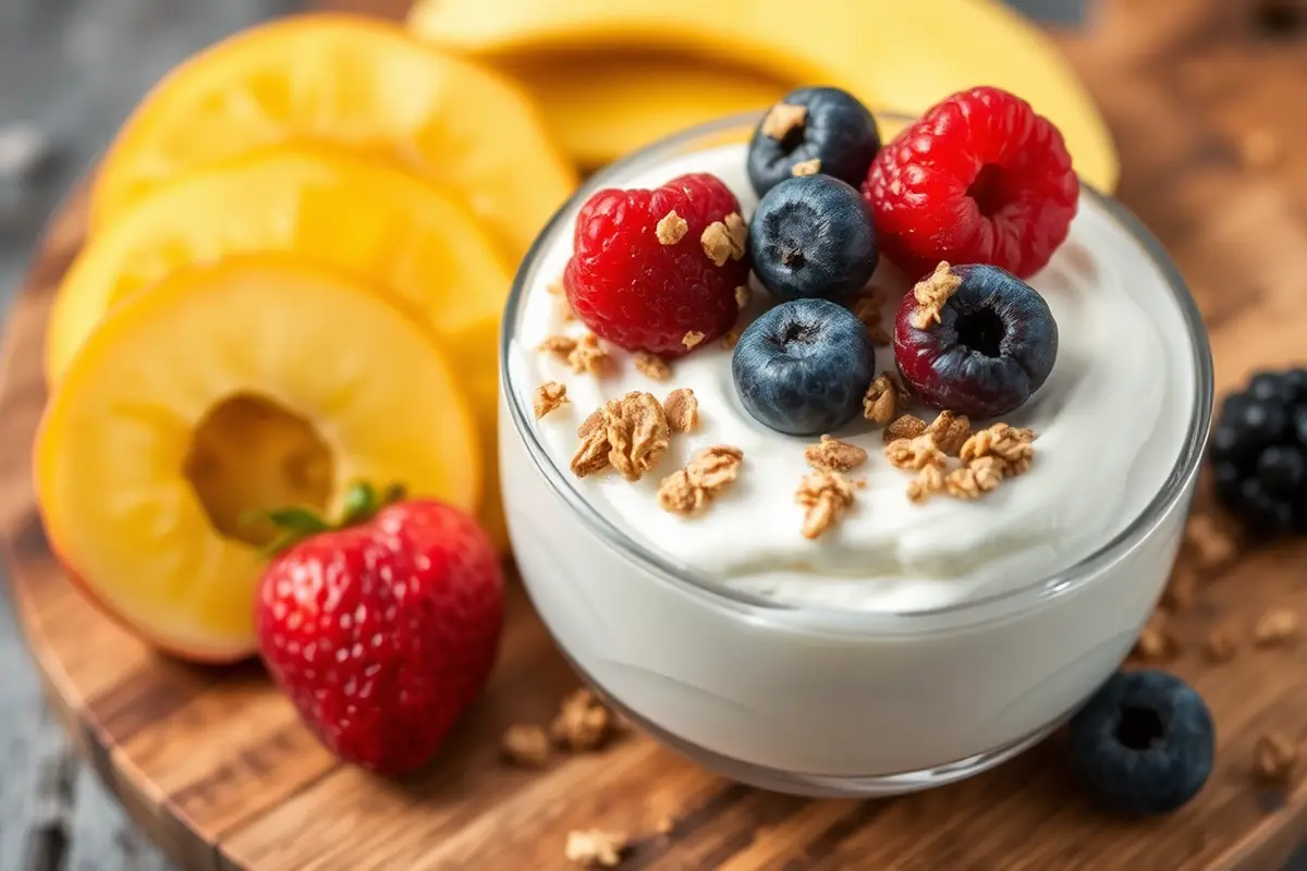 Creamy yogurt with berries and granola on a wooden breakfast board.