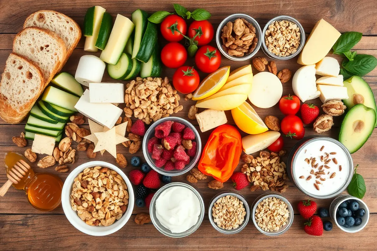 A top-down view of a breakfast charcuterie board with a variety of fresh ingredients.