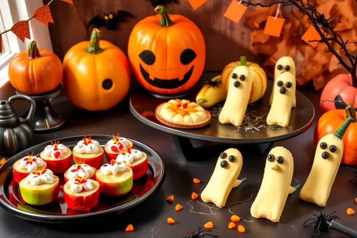 Healthy Halloween treats for kids including apple monster bites and banana ghosts