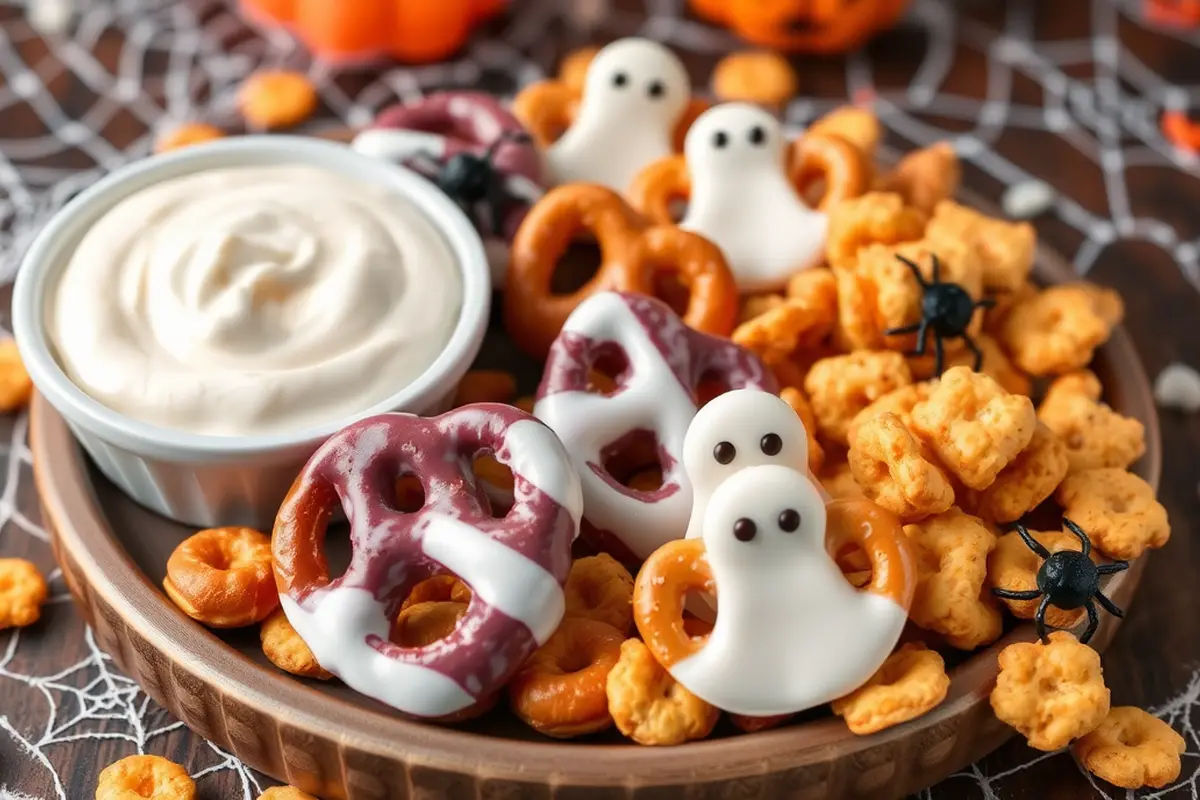 Healthy Halloween snacks like yogurt-covered pretzels and cheesy spider crackers