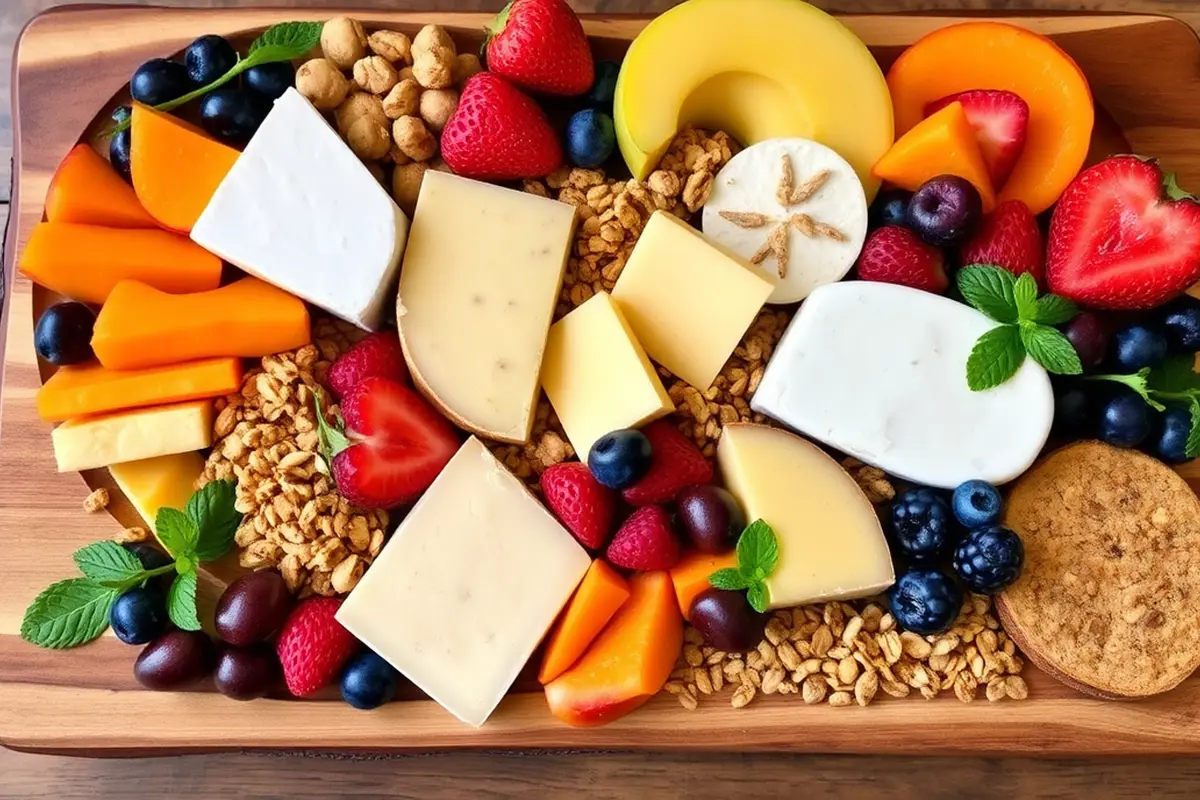 Breakfast charcuterie board with cheeses and fruits.