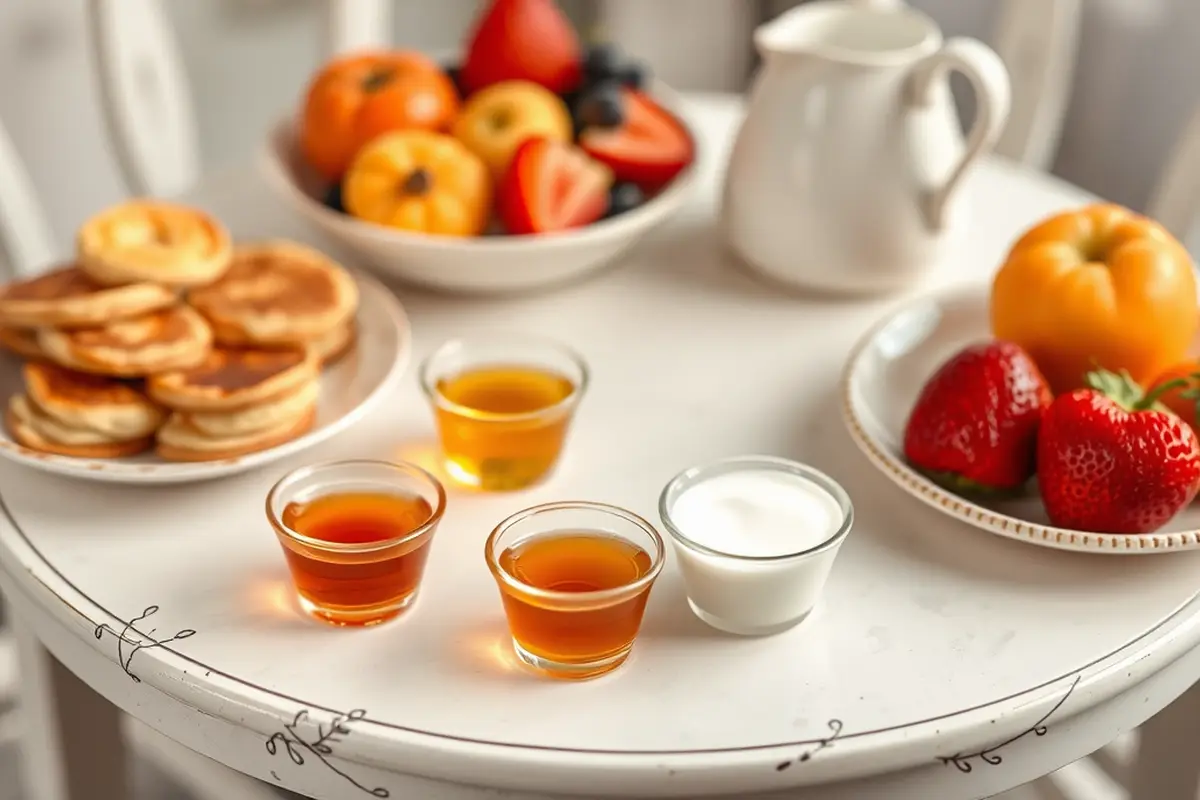 Breakfast set with honey and yogurt alongside mini pancakes.