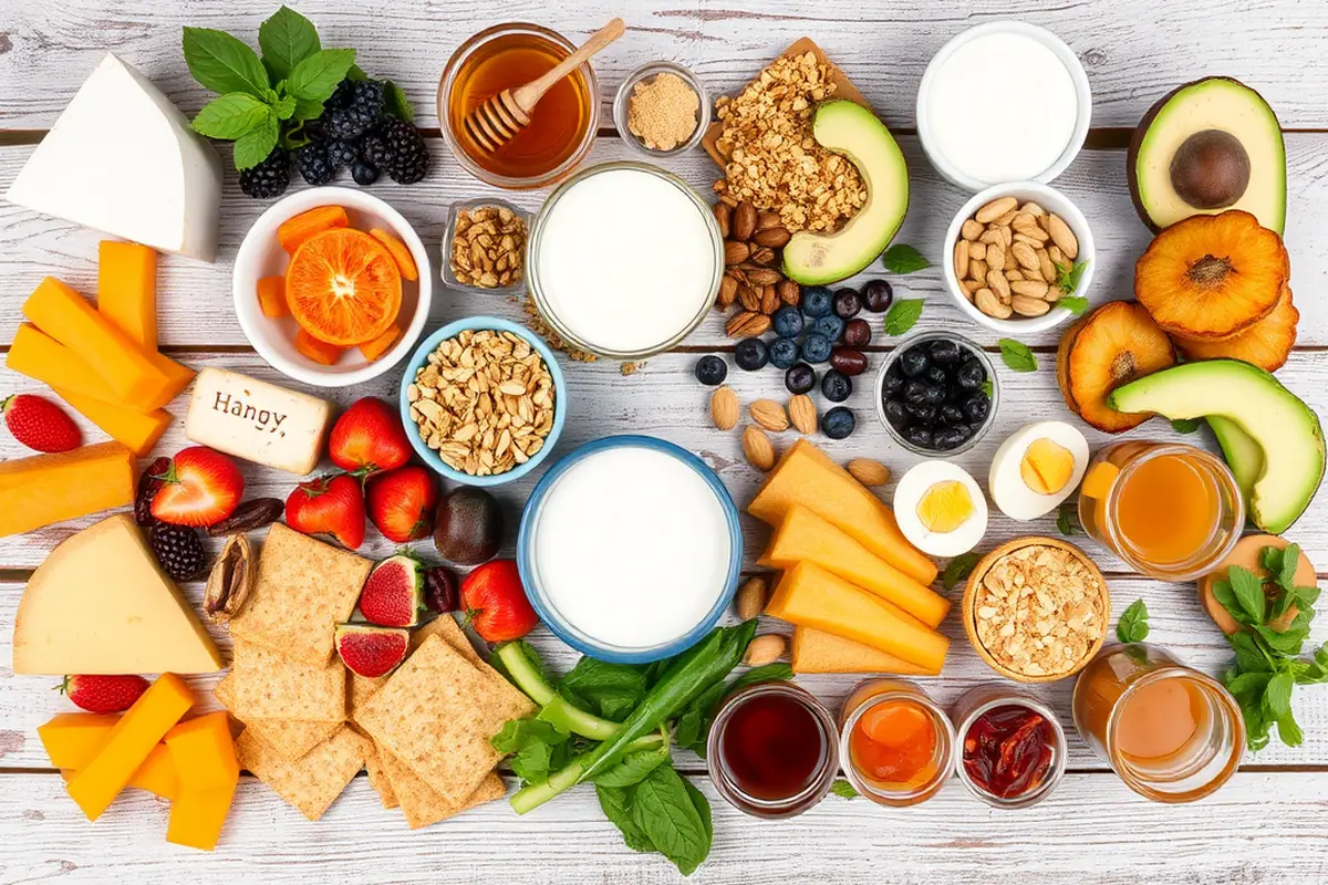 Top-down view of fresh breakfast charcuterie ingredients.