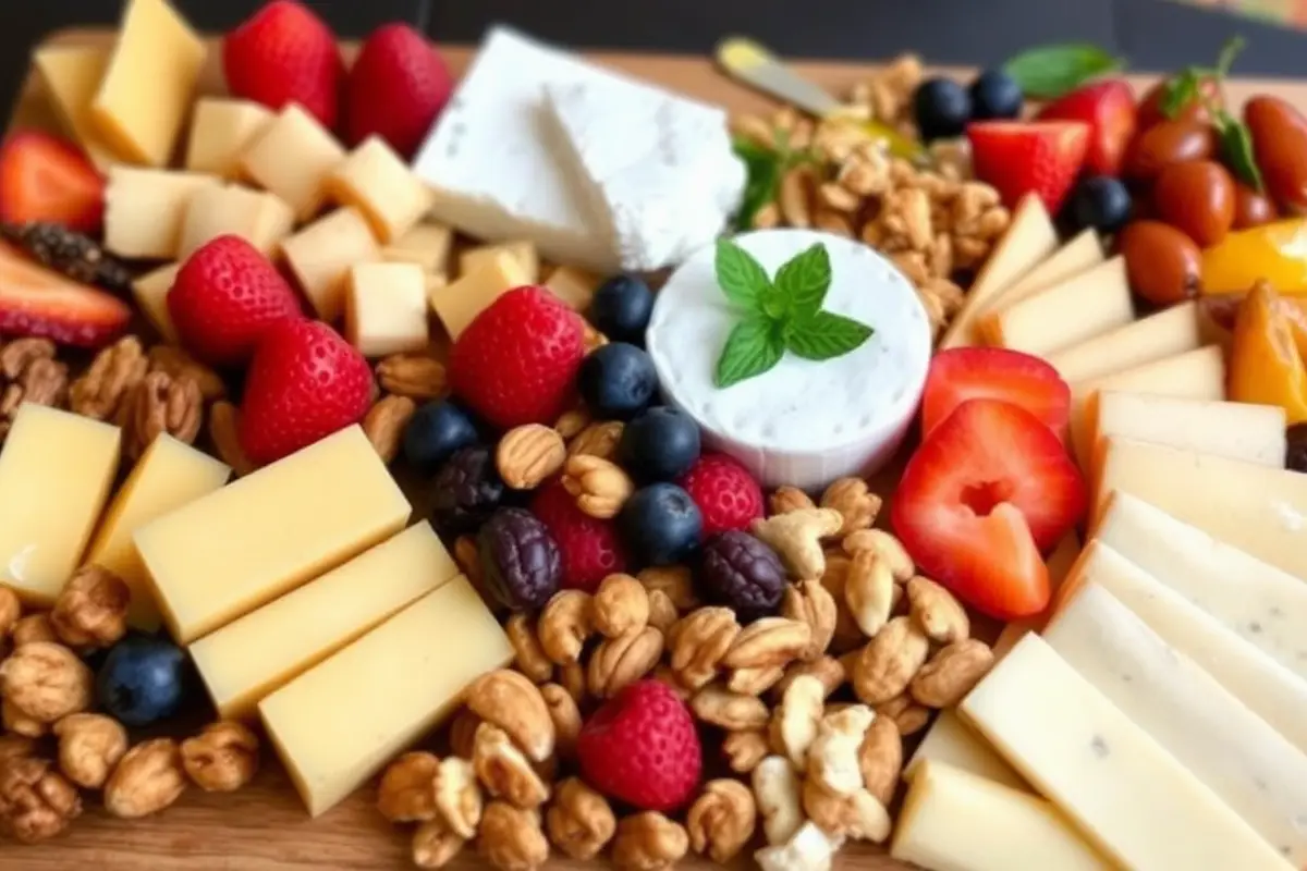 Colorful breakfast grazing board with assorted cheeses, fruits, and nuts.