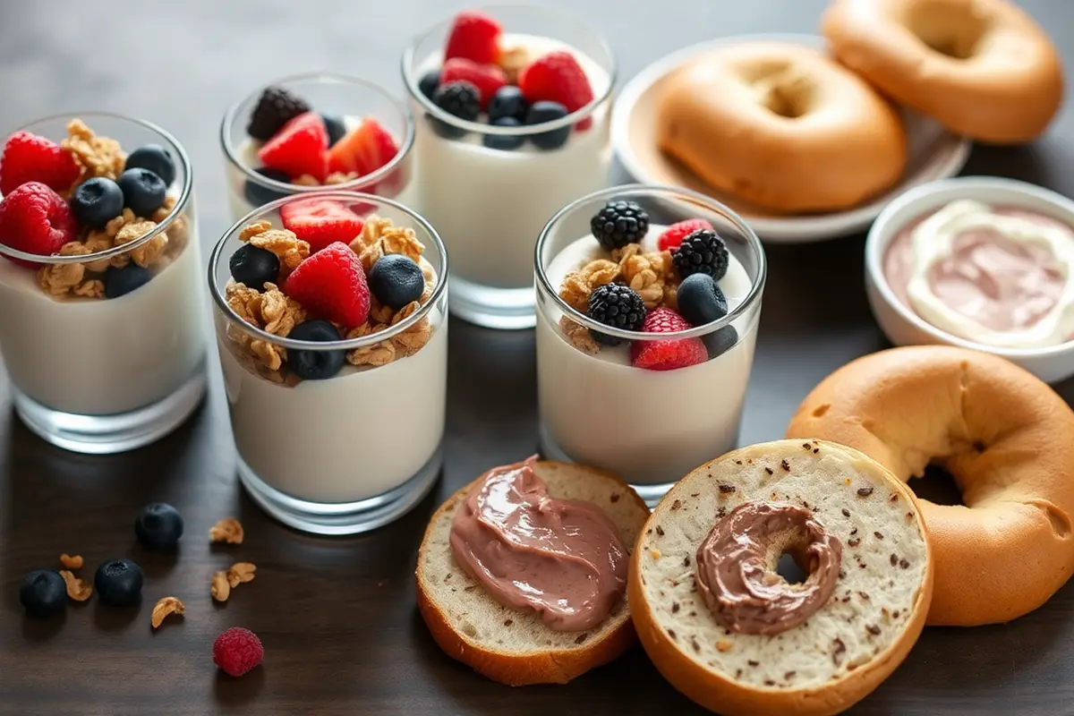 Yogurt parfaits, bagels, and fresh berries on a breakfast grazing board.