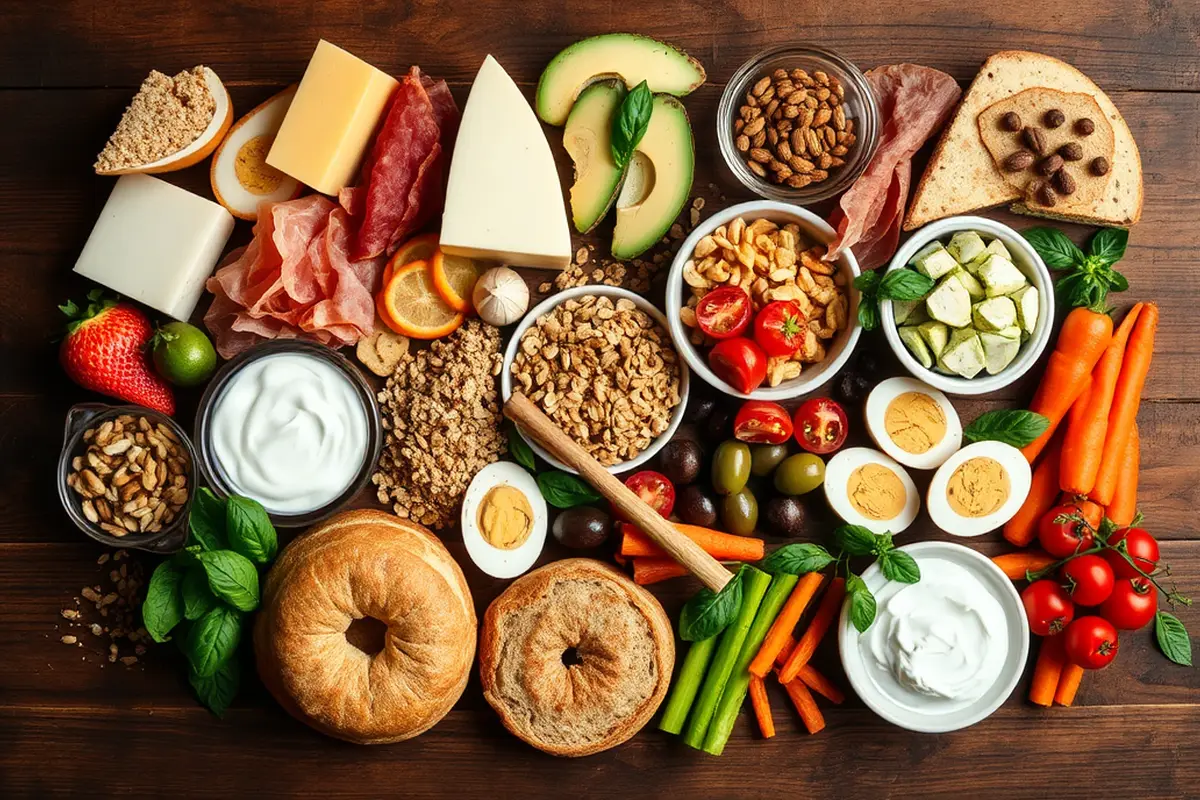 A beautifully arranged breakfast grazing board showcasing various ingredients.