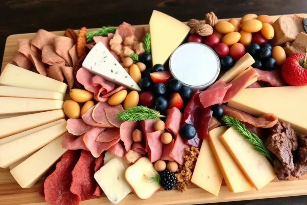 Charcuterie board with meats, cheeses, and fruits for breakfast.