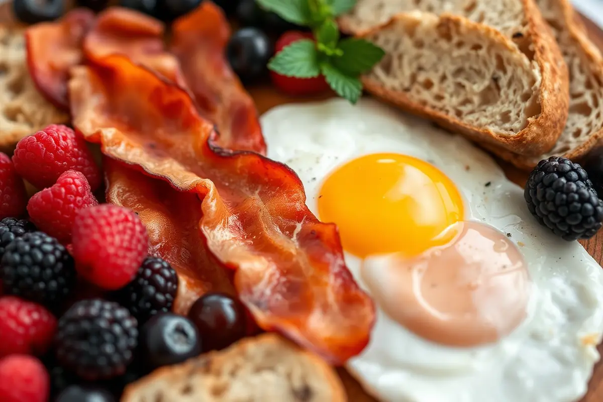 Savory breakfast charcuterie platter with eggs, bacon, and berries.