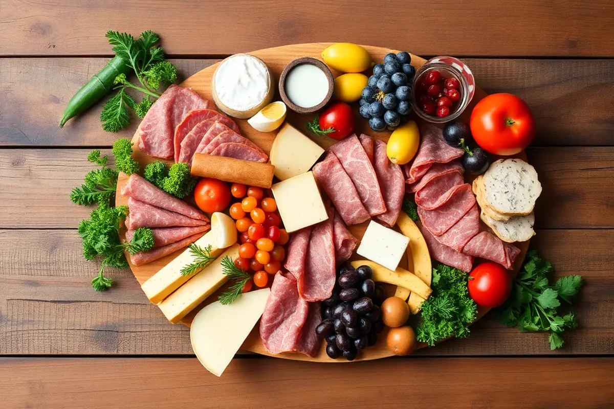 Top-down view of a breakfast charcuterie board with various fresh ingredients.