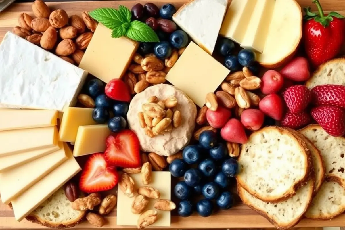 A breakfast board with assorted cheeses, fruits, nuts, and toasts