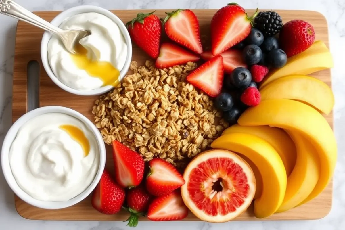 A breakfast board comprising Greek yogurt, granola, honey, and fruits