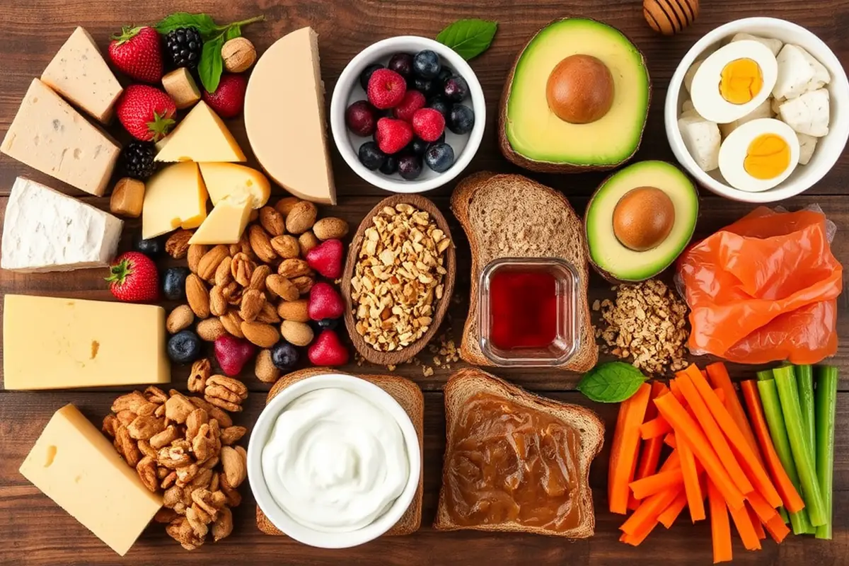 A diverse breakfast board with multiple ingredients arranged artistically