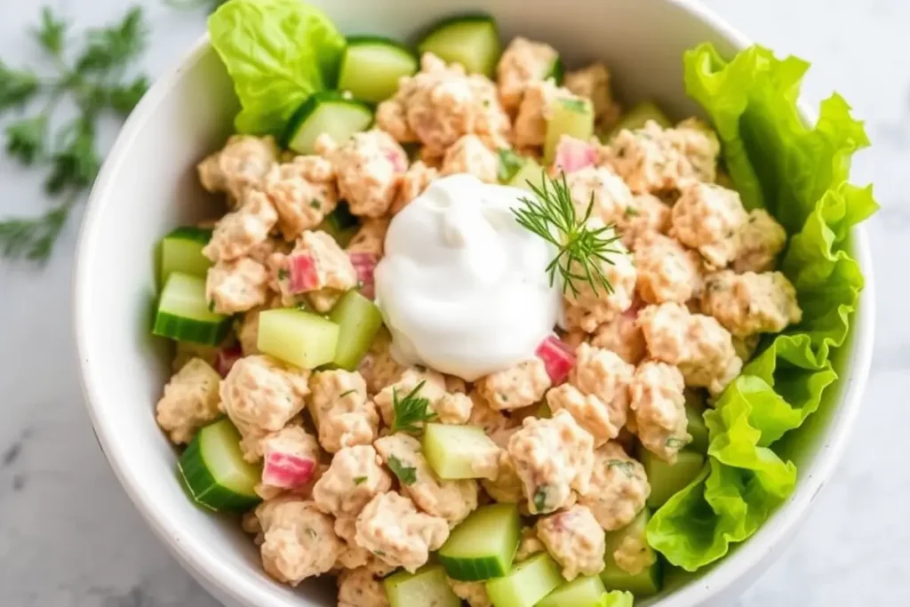 Keto friendly tuna salad with Greek yogurt in a bowl