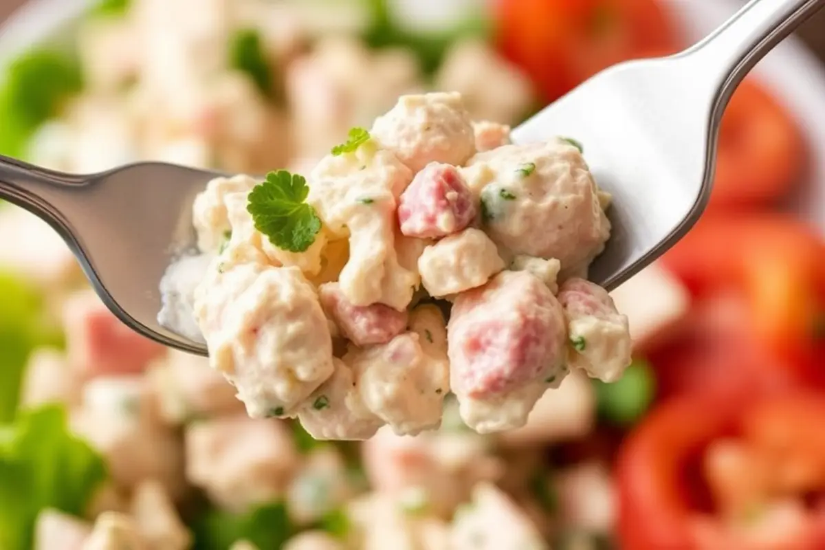 Fork lifting creamy keto tuna salad