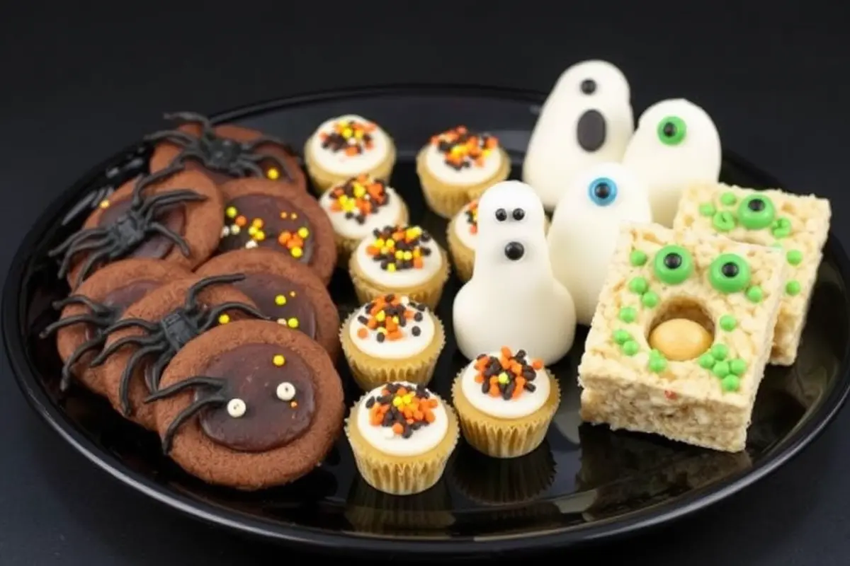 No-bake Halloween treats including spider cookies and ghost banana bites on a platter.