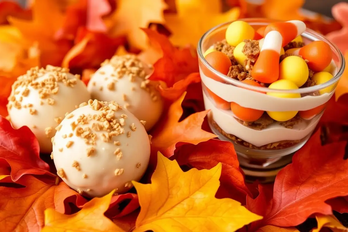 Peanut Butter Pumpkin Balls and Candy Corn Parfaits surrounded by autumn leaves.