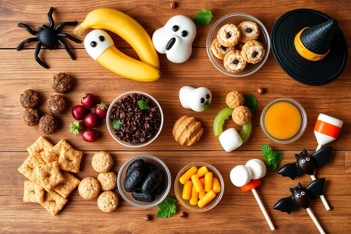 A top-down view of Halloween treat ingredients arranged on a wooden table.