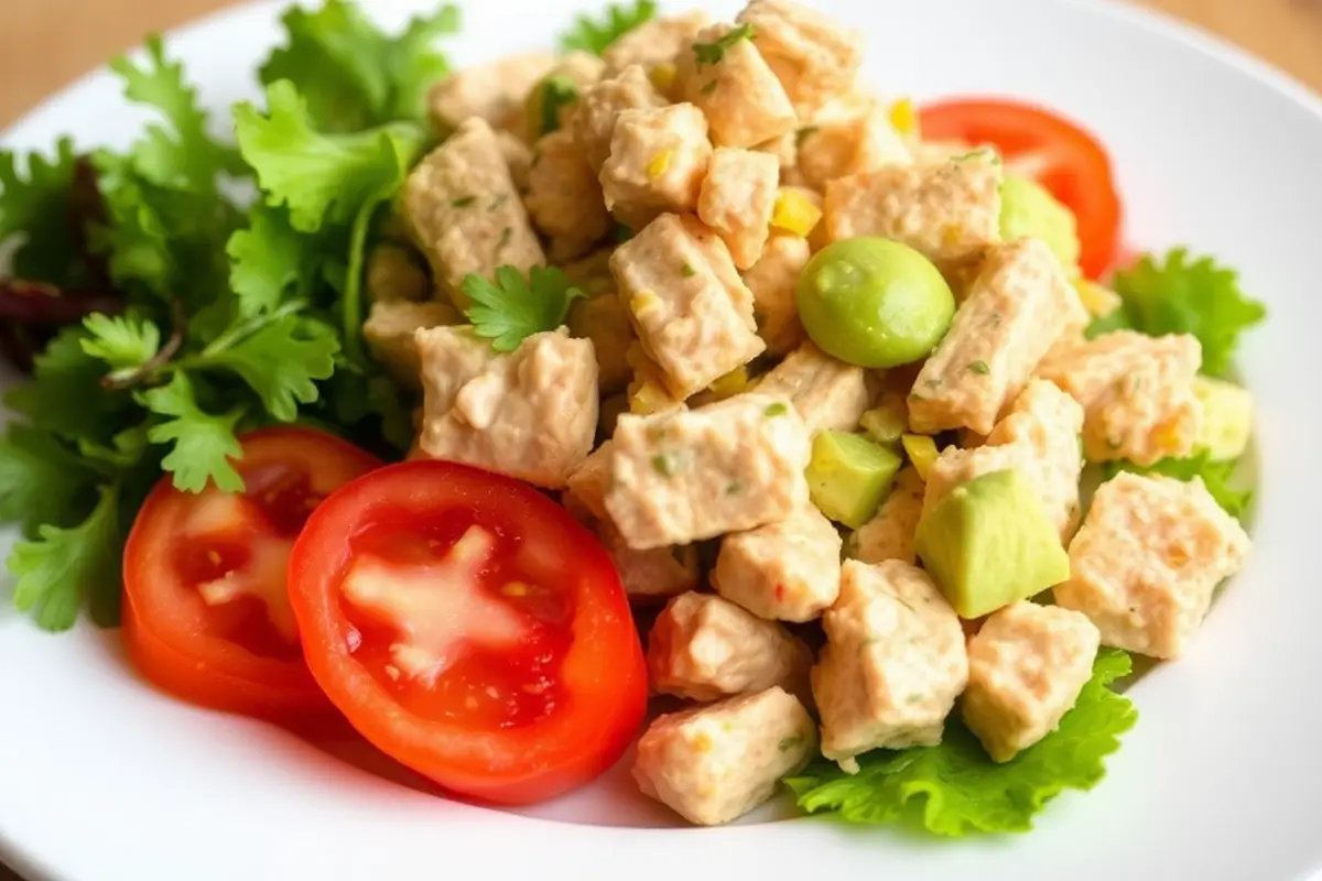 Tuna salad using avocado and mustard as substitutes.