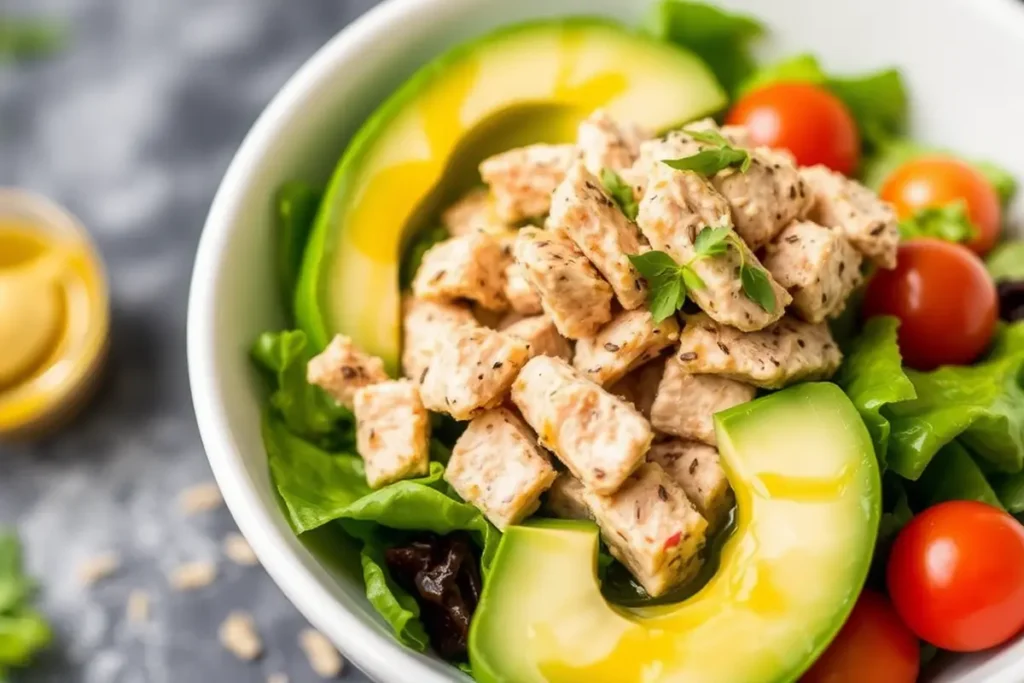 Healthy keto salad with canned tuna, avocado, and cherry tomatoes