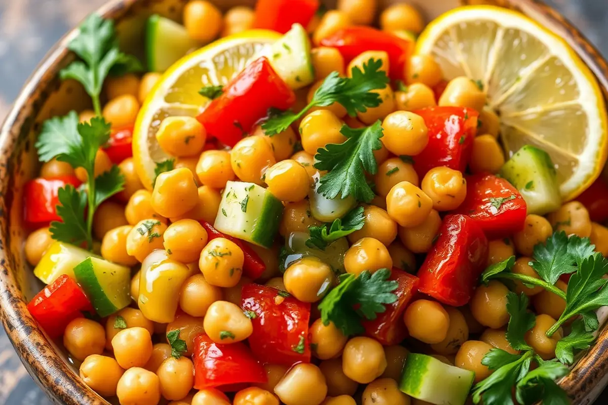 Chickpea salad with fresh vegetables and seasoning.