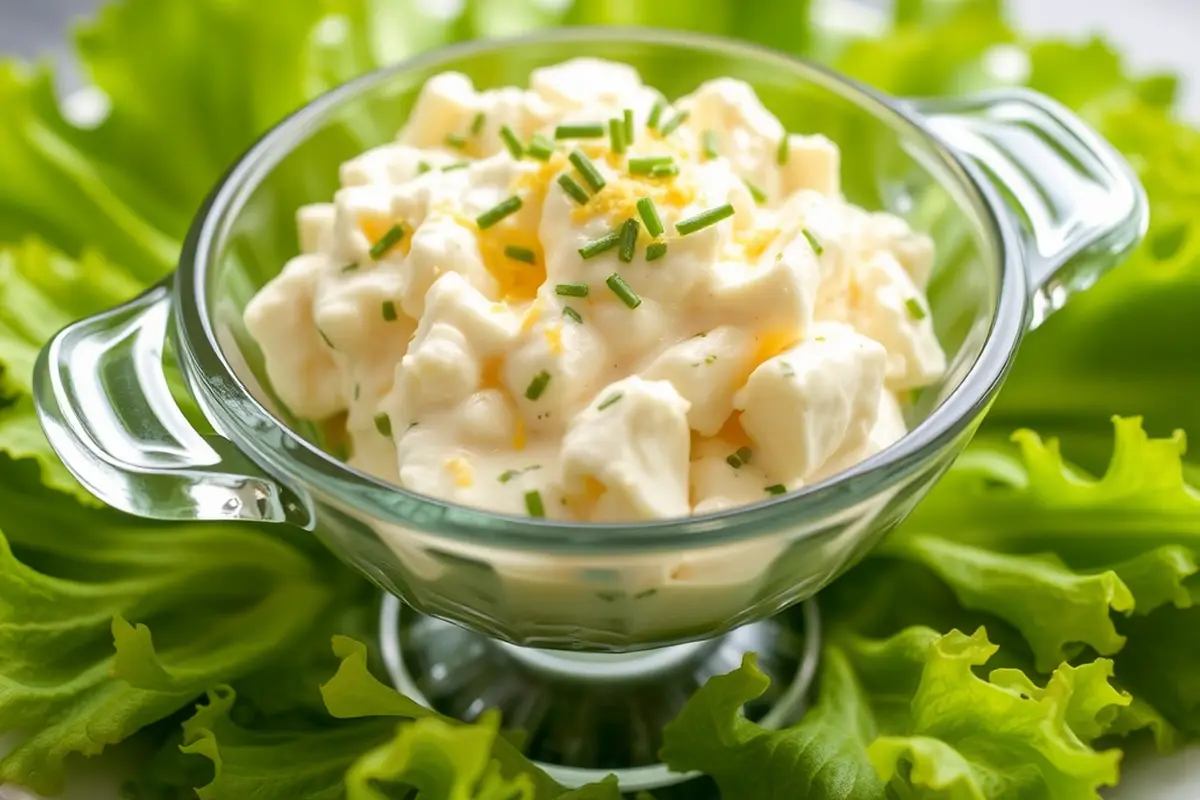 Creamy egg salad in a glass dish with fresh garnishes.