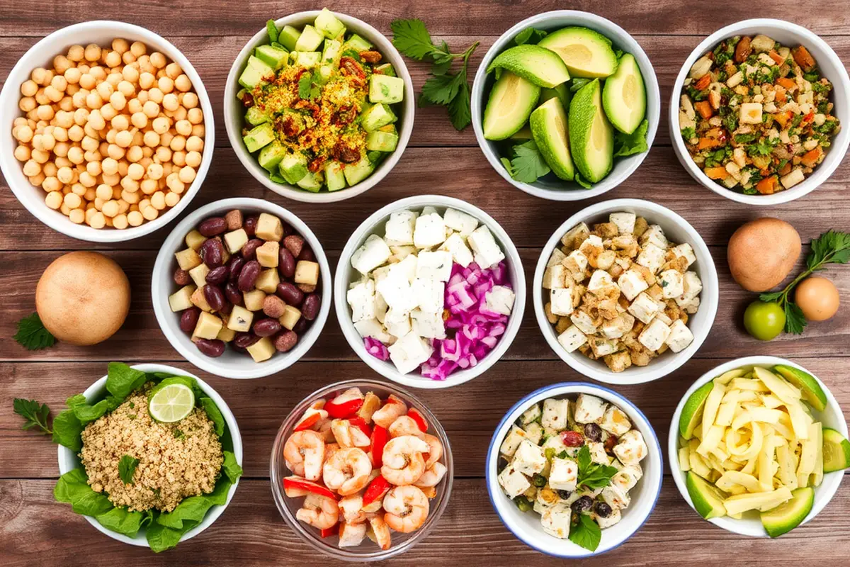 Fresh salads and ingredients displayed aesthetically on a wooden table.