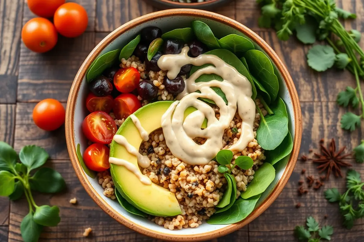 Vegan Buddha Bowl with quinoa, spinach, avocado, and tomatoes.