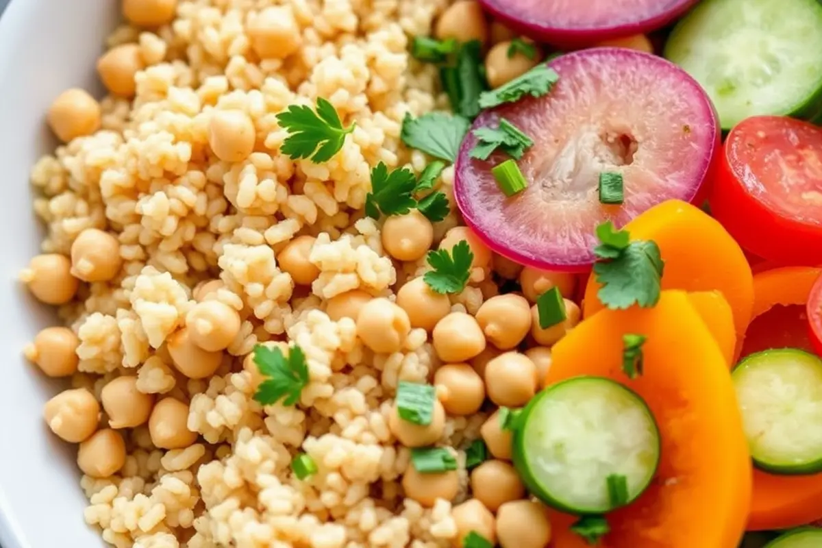 Ingredients for vegan buddha bowl - quinoa, chickpeas, and vegetables.