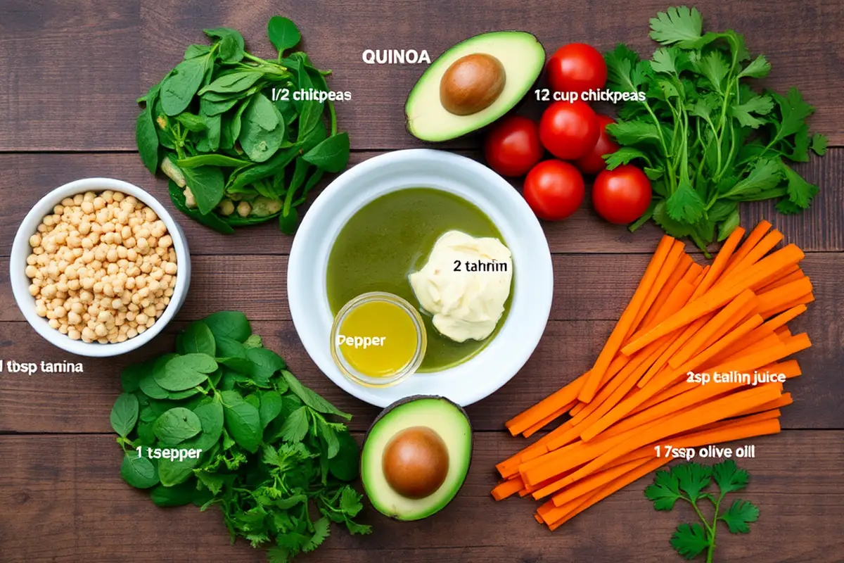 Fresh ingredients for a vegan buddha bowl arranged on a wooden table.