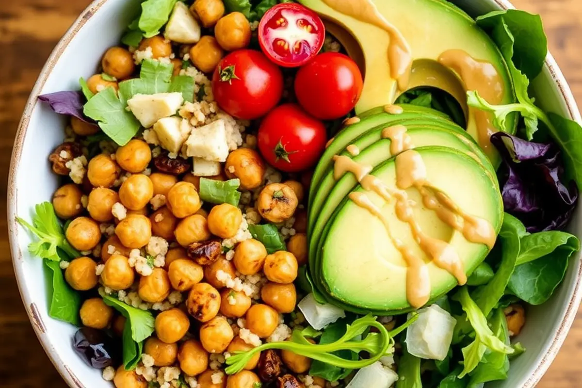 Buddha bowl featuring quinoa, greens, chickpeas, tomatoes, and avocado topped with tahini dressing.