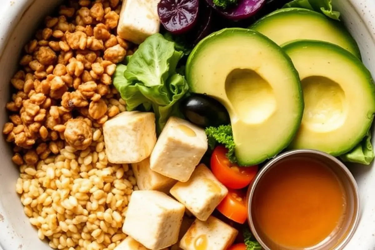 Close-up of the five key components of a buddha bowl: grains, proteins, vegetables, healthy fats, and dressing.