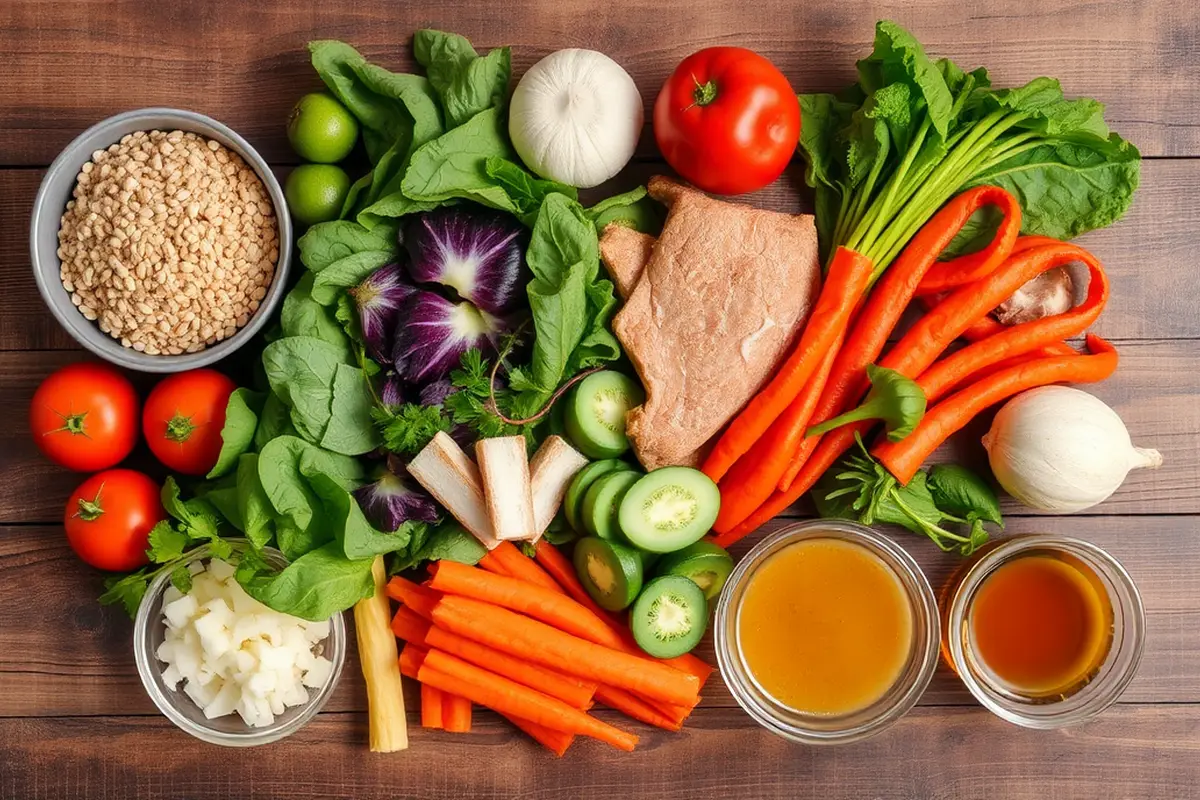 Rustic arrangement of buddha bowl ingredients on wooden table showing grains, proteins, vegetables, healthy fats, and dressing.