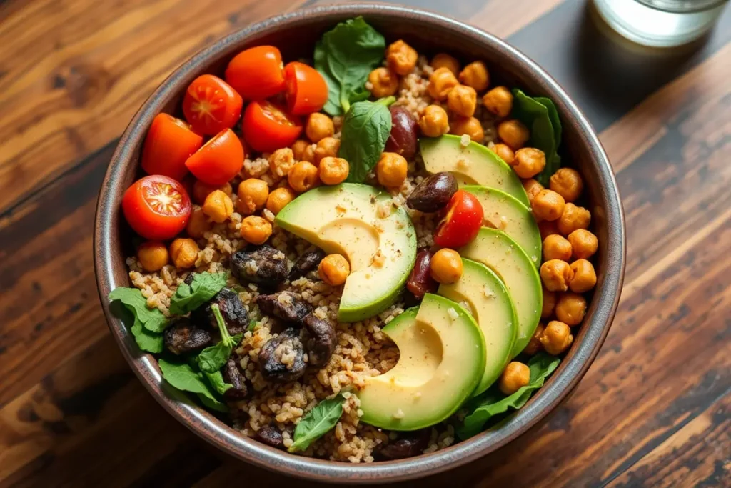 A colorful Buddha bowl with quinoa, spinach, cherry tomatoes, avocado, and roasted chickpeas.