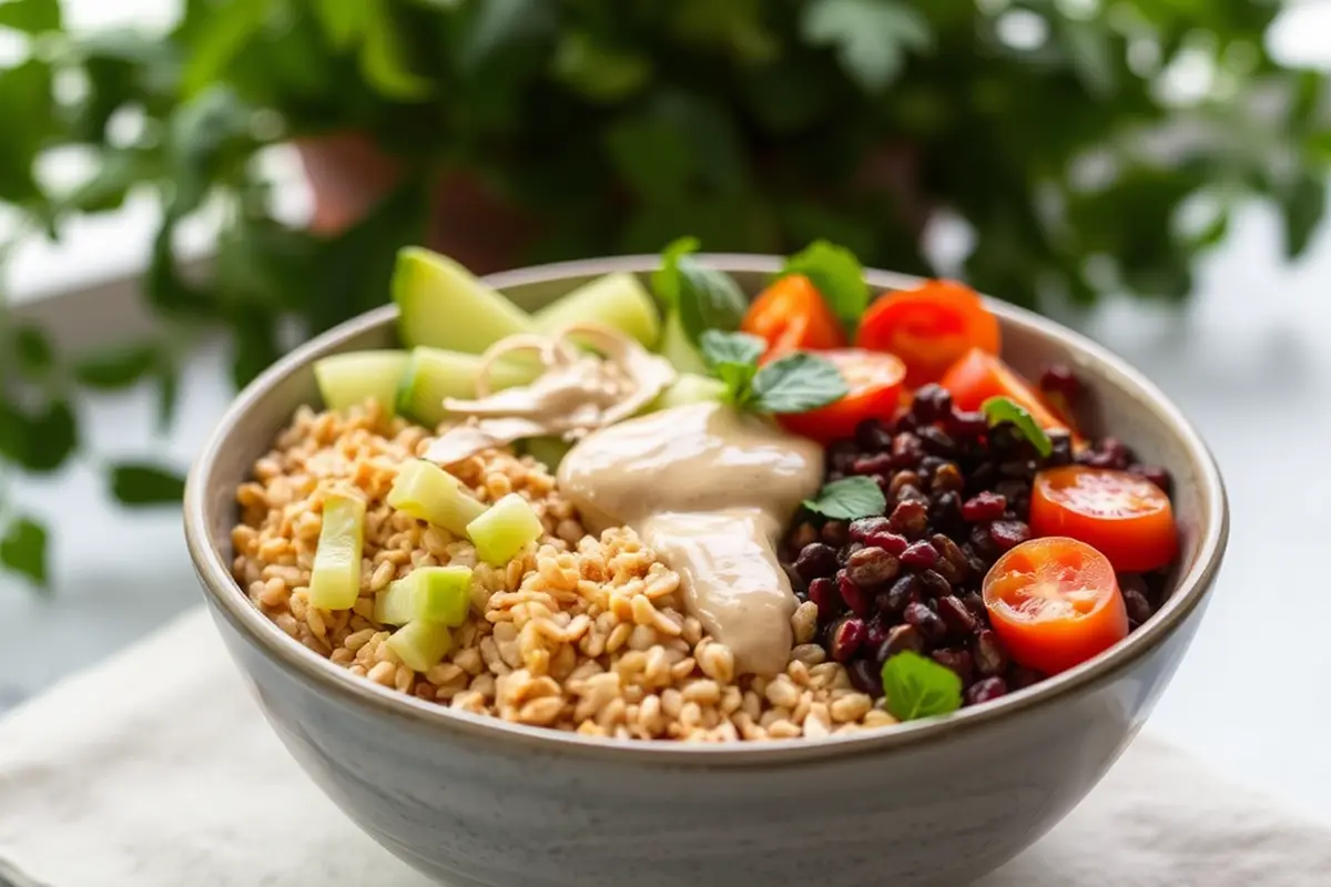 An inviting Buddha bowl with whole grains, fresh vegetables, and tahini dressing.