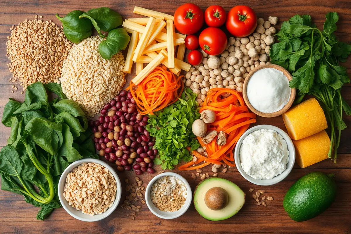 Artful arrangement of healthy ingredients for Buddha bowls on a rustic wooden table.