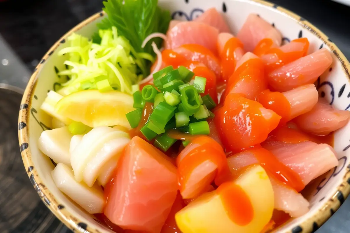 Vibrant poke bowl with raw fish and colorful vegetables.