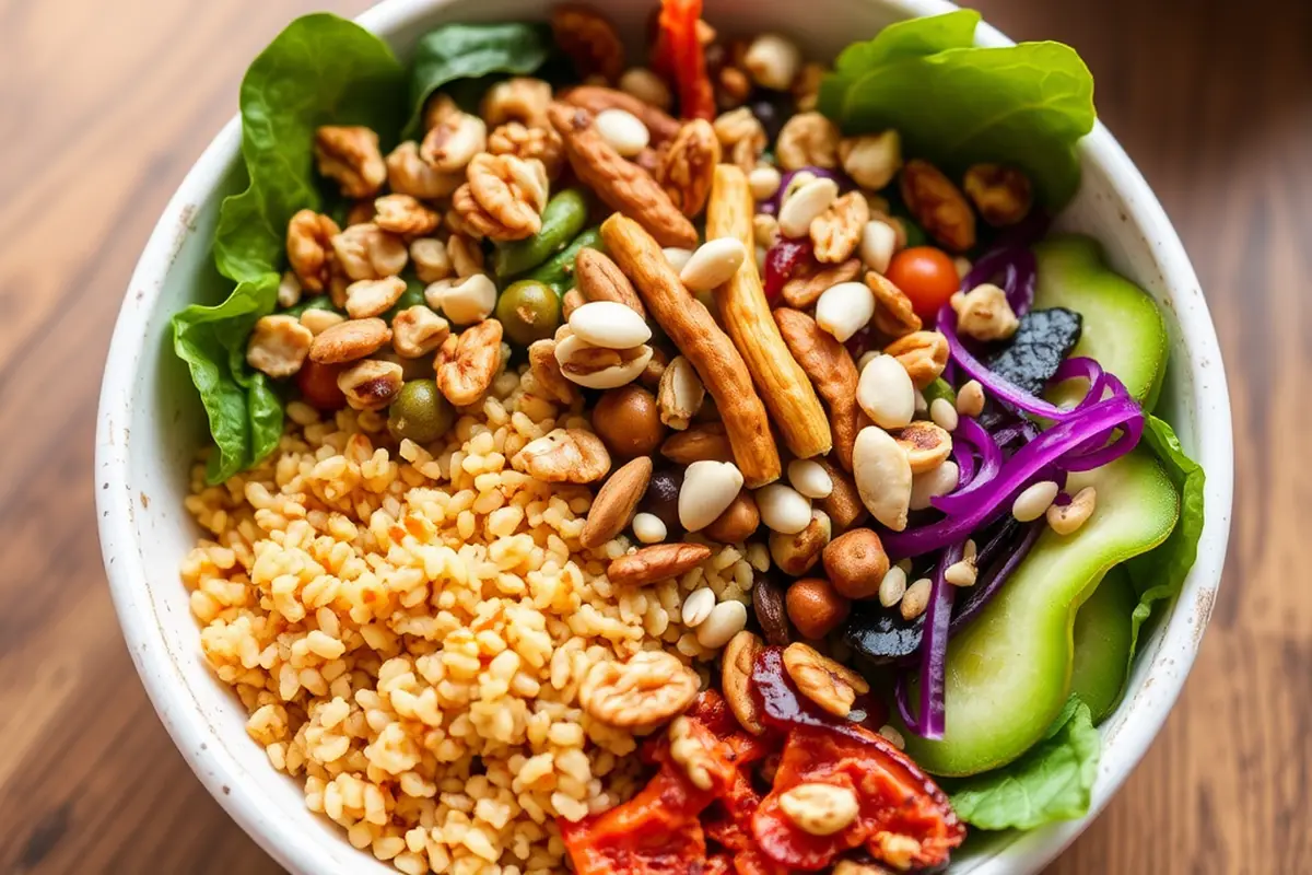 Colorful Buddha bowl filled with plant-based ingredients.