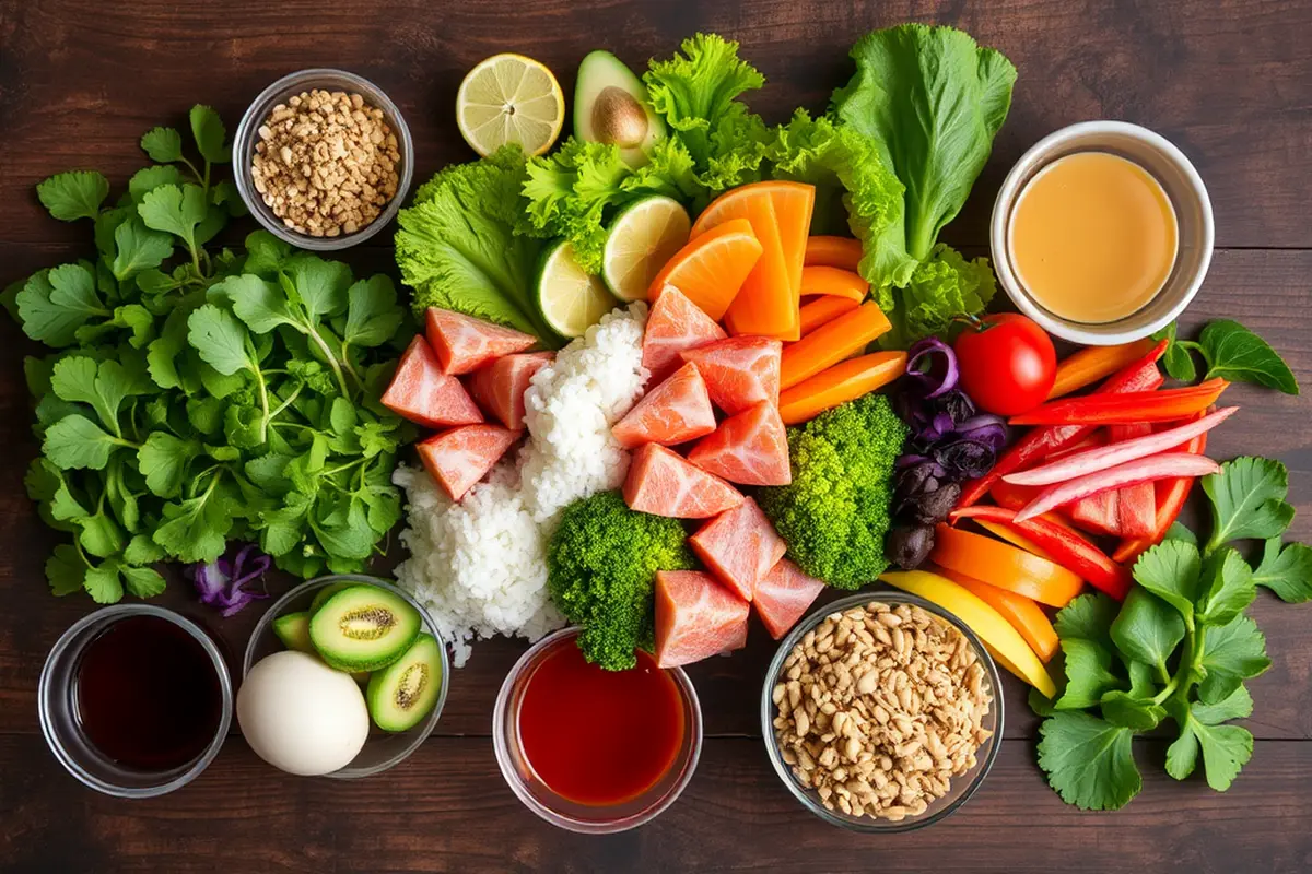 Artistic arrangement of ingredients for poke and Buddha bowls.