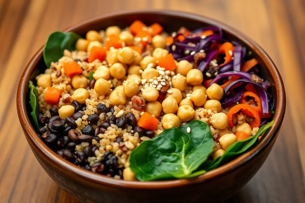 A colorful Buddha bowl featuring quinoa, chickpeas, and fresh vegetables.