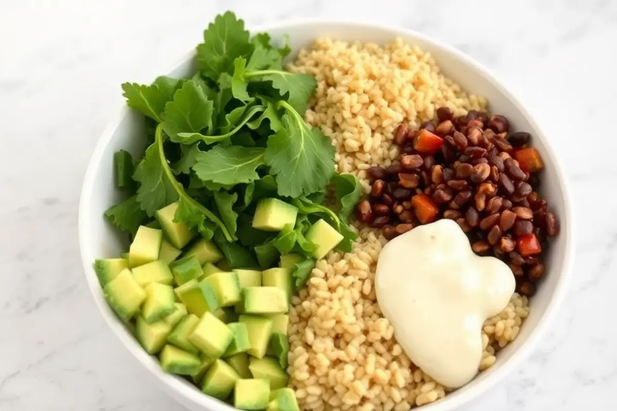 Close-up of fresh ingredients for a Buddha bowl including grains and vegetables.