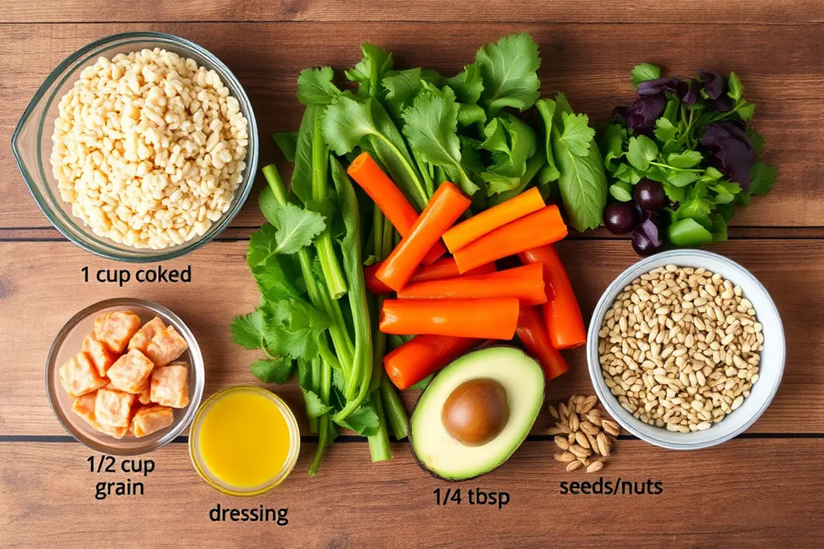 Artistic arrangement of ingredients for a Buddha bowl on a wooden table.