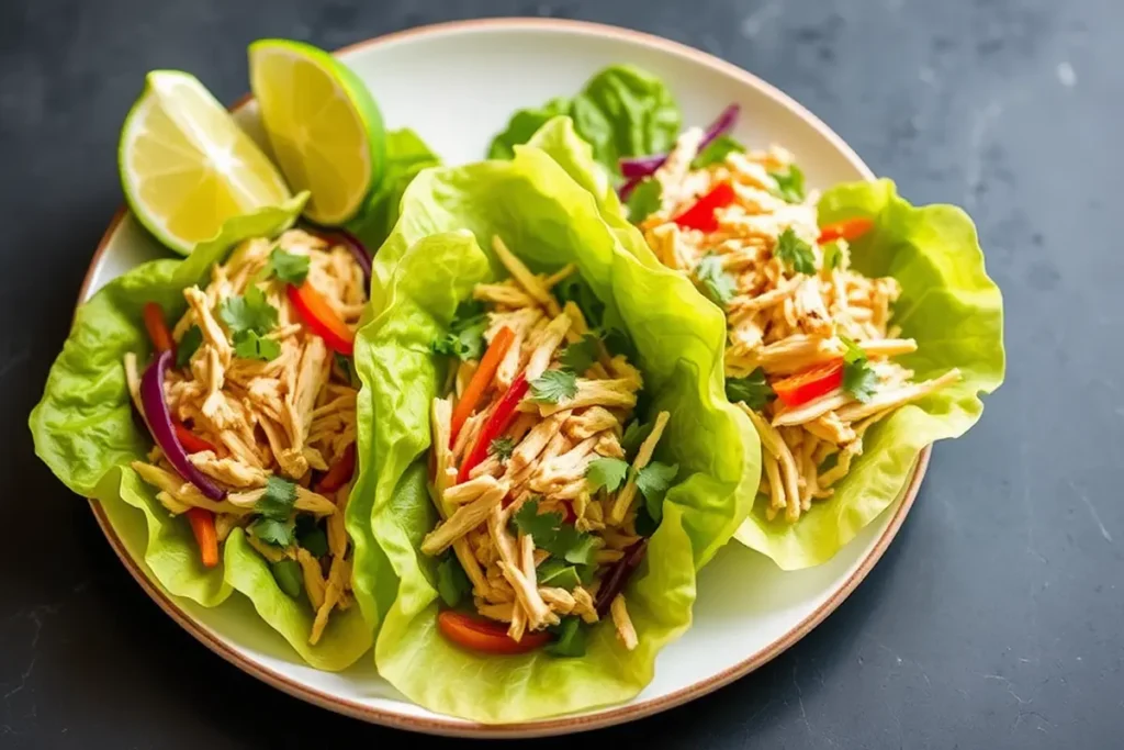 Low carb lettuce wraps chicken with fresh veggies and lime.