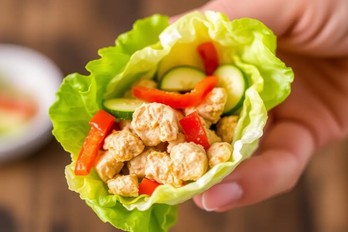 Hand holding a lettuce wrap filled with chicken and vegetables.